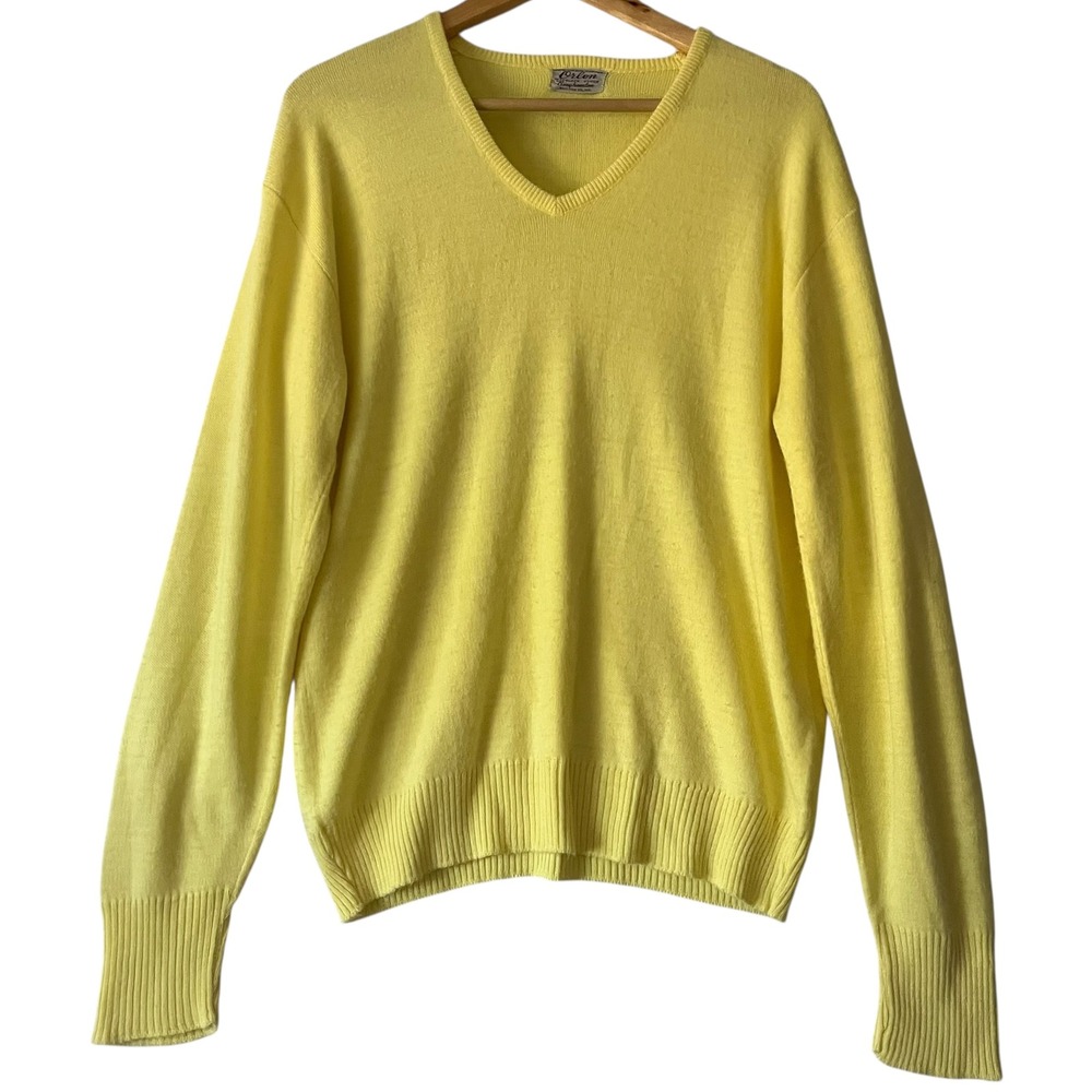 Vintage 100% Orlon Acrylic V Neck Sweater Binghamton Knitting Yellow